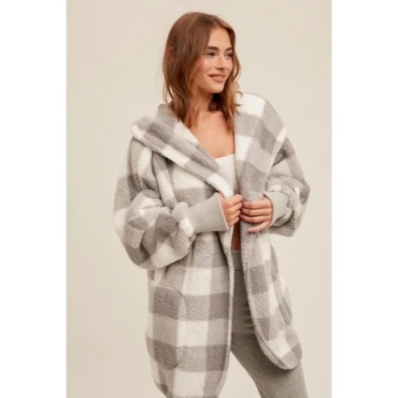 Gray & White Check Checkered Print Soft Sherpa Hoodie Cardigan - Picture 5 of 8